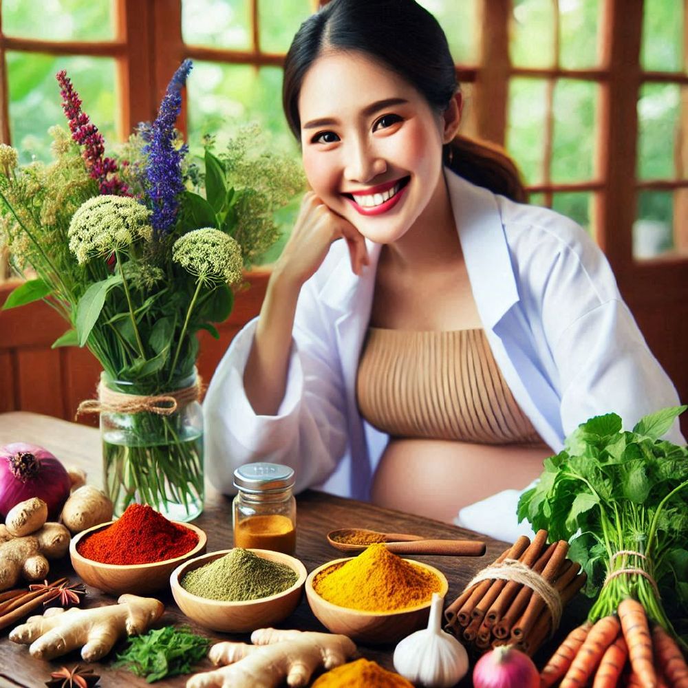 The final image captures the woman in a serene moment, sipping from a cup of golden, spiced tea — a soothing blend of ginger, cinnamon, and cardamom. She relaxes in a cozy corner of her home, cradling her bump, as the rich aroma of the spices fills the air. With a look of pure bliss, she savors the ritual of nurturing her body with spices that promote wellness and connection to her growing child.